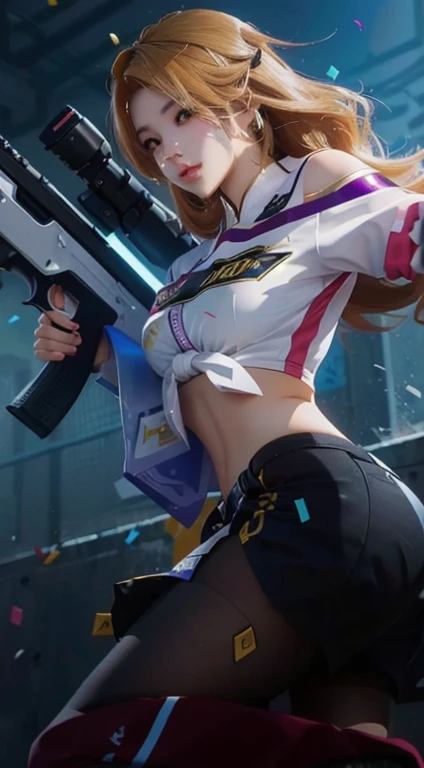a woman with a gun in her hand and a lot of confetti, kda, shooting pose, inspired by Leng Mei, mobile wallpaper, phone background, mobile legends, g liulian art style, senna from league of legends, phone wallpaper, female action anime girl, ig model | artgerm, trending at cgstation, range murata and artgerm