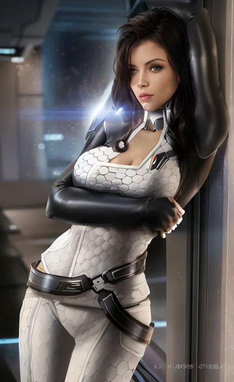 a close up of a woman in a white outfit posing for a picture, inspired by Marek Okon, mass effect fantasy, futuristic starship crew member, scifi woman, Miranda Lawson  fairy style art, mass effect style, mass effect inspired, sci-fi female, inspired by Eve Ryder, by Marek Okon, pristine concept art, in white futuristic armor huge ,wider hips
