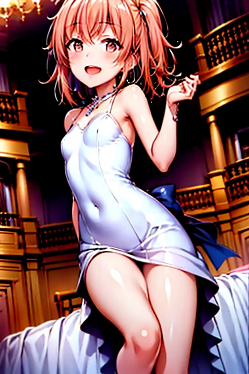 ((highest quality)), ((masterpiece)), (be familiar with), Perfect Face, indoor, Bedroom, Watching the audience,
One woman, Yuigahama Yui,
Open Mouth, Ecstatic expression, blush, smile,
Small breasts, Flat Chest, Young Girl, , , Girl,
Short Hair, Salmon-colored hair, Salmon-colored eyes, Side Pony,
Leg spread,