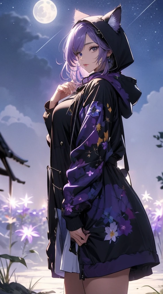 masterpiece, high quality, 4K, Beautiful design, silhouette，Light purple hair， 非常に詳細な夜のStarry Sky,Flower Field， wonderful, Finer details,  Very knowledgeable woman, Highly detailed solo, 1 female,Cat ear，Big Breasts，Hooded parka，Night view，Starry Sky，full moon，