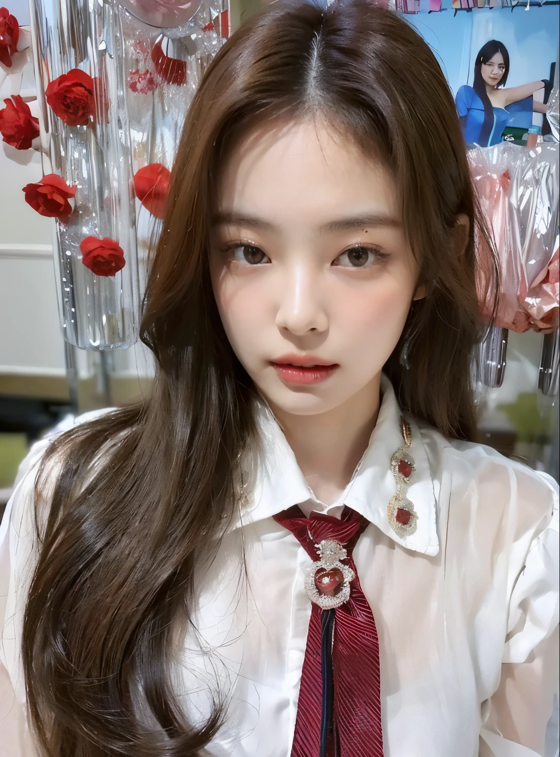 (8K, RAW photos, better quality, masterpiece: 1.2), (realist, foto-realist: 1.37), very detailed, ultra high resolution, 1 , Close up of woman holding hairbrush in room, Beautiful and detailed face, (thin waist: 1.3), shirt, beautiful detail skin, skin texture, floating hair, professional lighting, detailed hand, well made hands, well designed, Larisa Manoval, beautiful asian girl, Asian girl with long hair, Jenny Kim, 21 years.