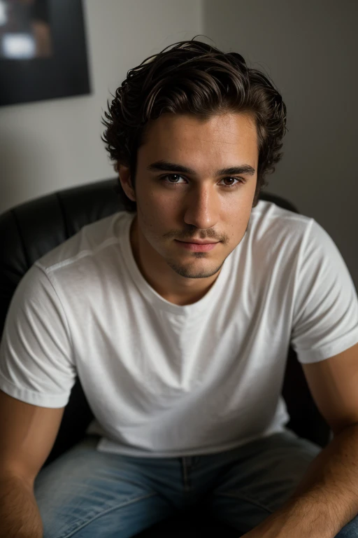 ((1 guy)) (white guy) wearing a black shirt, manly (sitting on a chair in a formal way, with his body forward and looking at the camera as if he were participating in an online meeting), very detailed, 18 years old old, natural wave hair, brown eyes, ((short facial hair)), high resolution, Artwork, best quality, intricate details, highly detailed, sharp focus, detailed skin, realistic skin texture, texture, detailed eyes, Professional, 4k, Shot on Canon, 85mm, Shallow Depth of Field, Kodak Vision Color, Perfectly Shaped Body, Extremely Detailed, Photo_\(Ultra\), Photorealistic, Realistic, Post Processing, Maximum Detail, Roughness, Real Life , ultra realistic, photorealism, photography, 8k HD, photography (film grain) ((medium shot atmospheric dark lighting))