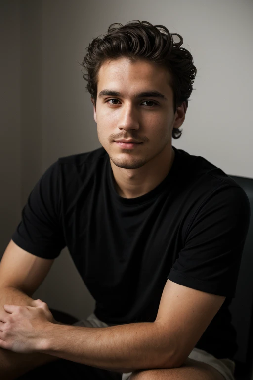 ((1 guy)) (white guy) wearing a black shirt, manly (sitting on a chair in a formal way, with his body forward and looking at the camera as if he were participating in an online meeting), very detailed, 18 years old old, natural wave hair, brown eyes, ((short facial hair)), high resolution, Artwork, best quality, intricate details, highly detailed, sharp focus, detailed skin, realistic skin texture, texture, detailed eyes, Professional, 4k, Shot on Canon, 85mm, Shallow Depth of Field, Kodak Vision Color, Perfectly Shaped Body, Extremely Detailed, Photo_\(Ultra\), Photorealistic, Realistic, Post Processing, Maximum Detail, Roughness, Real Life , ultra realistic, photorealism, photography, 8k HD, photography (film grain) ((medium shot atmospheric dark lighting))