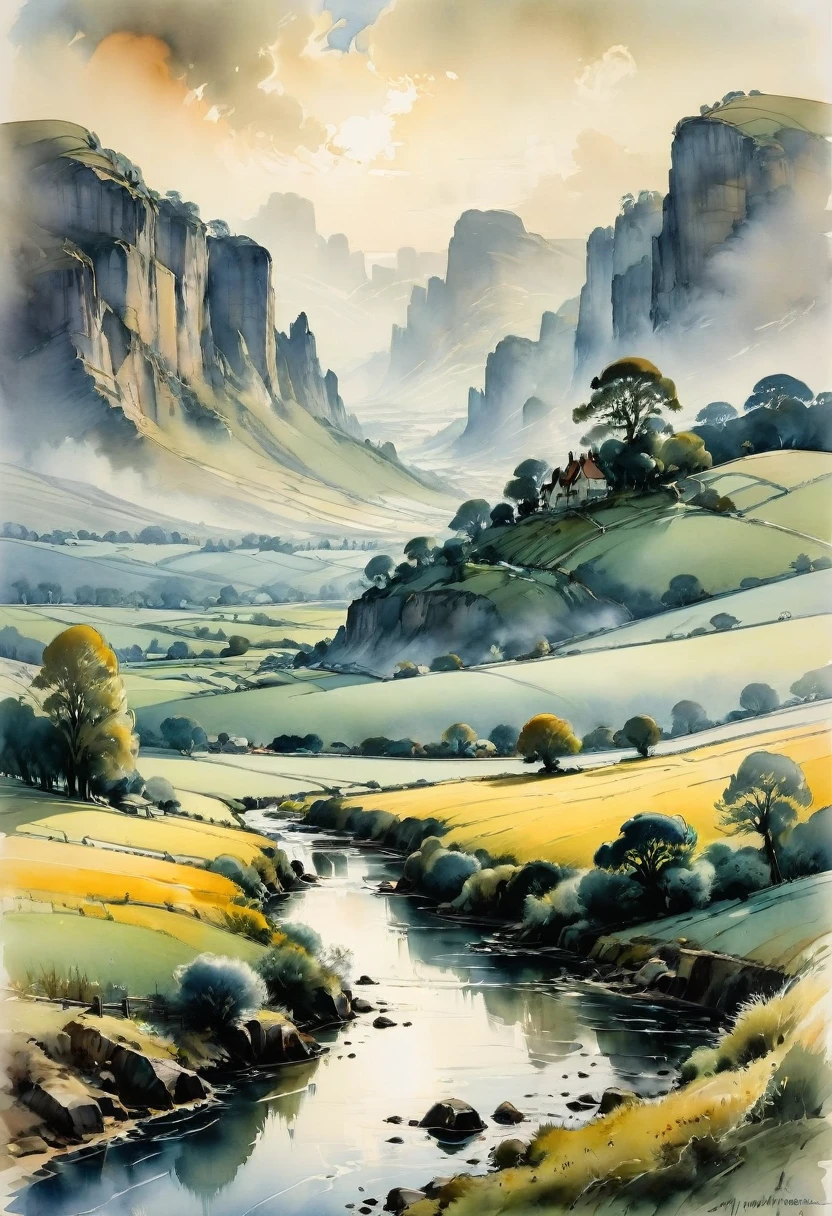 Watercolor Landscape, by Jeanne Mammen and Norman Ackroyd, best quality, masterpiece, very aesthetic, perfect composition, intricate details, ultra-detailed