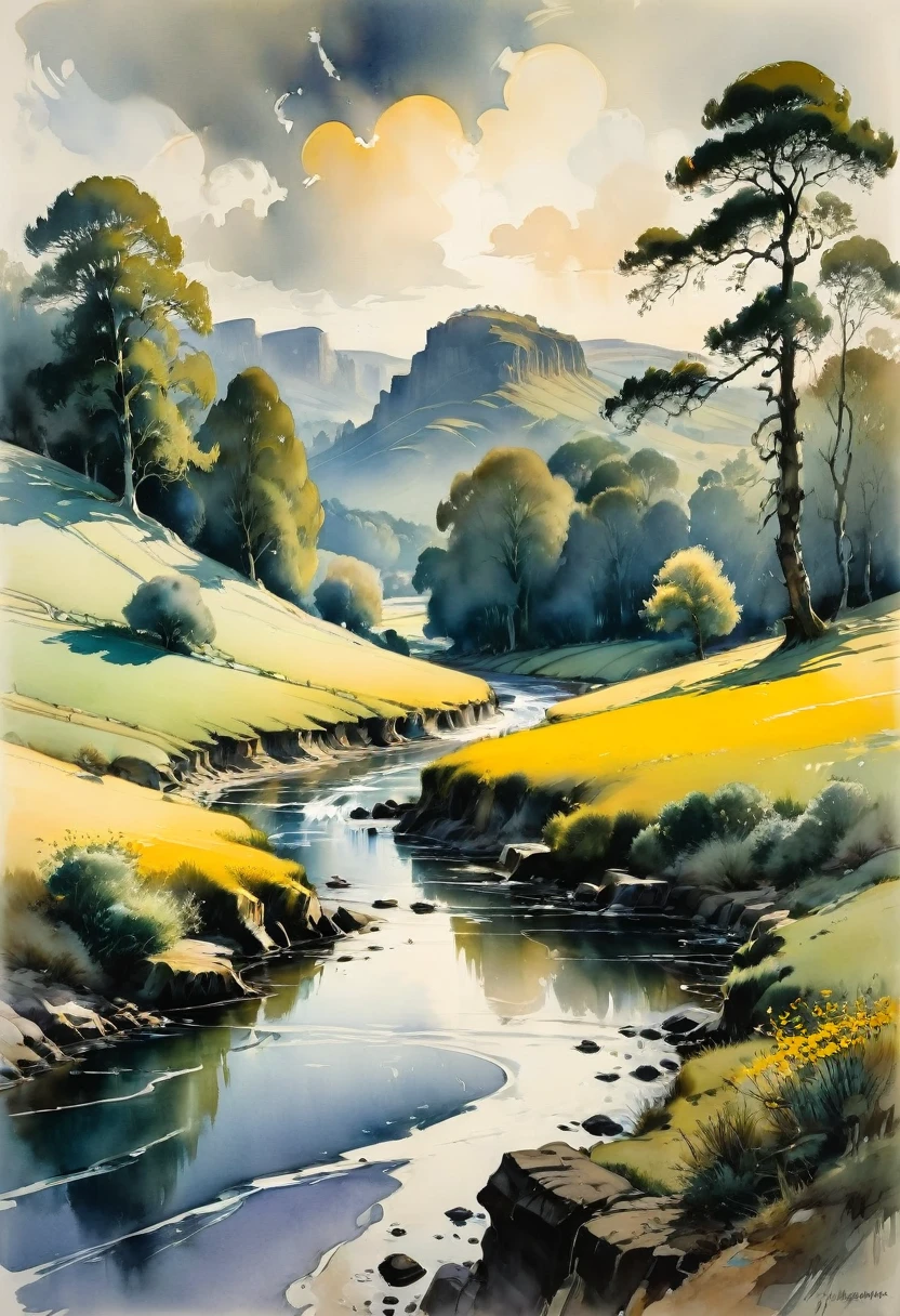 Watercolor Landscape, by Jeanne Mammen and Norman Ackroyd, best quality, masterpiece, very aesthetic, perfect composition, intricate details, ultra-detailed