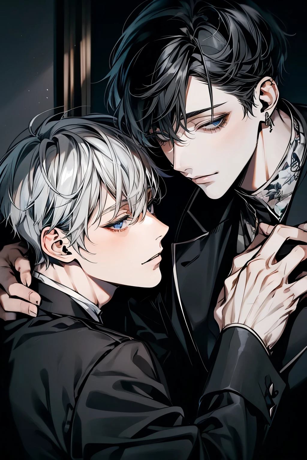 (Mastepiece), (Best Quality), Very detailed, ((Two men intimate:1.5)), Perfect Face, Beautiful Face, Very detailedな顔，(Black-haired man:1.3)，(Grey-haired man:1.3)、flower