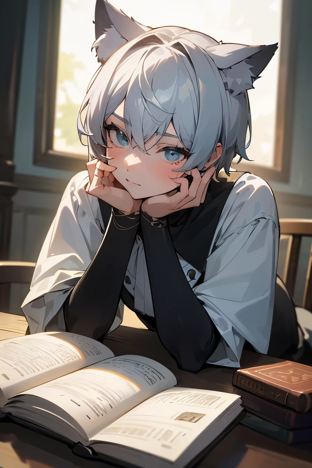 超High resolution, retina, masterpiece, Accurate, Anatomically correct, Rough skin, Very detailed, Advanced Details, high quality, Awards, 最high quality, High resolution, High resolution, 4K,(anime,8k,masterpiece, 最high quality, 最high quality,beautifully、beautiful:1.2,Professional Illustration:1.1,Very detailed:1.3,Perfect lighting),Very detailed,Most detailed,High resolution,Cute pose，A cute boy, Cat ear，Silver Hair，short hair，evil lol，Upper Body，I read a book