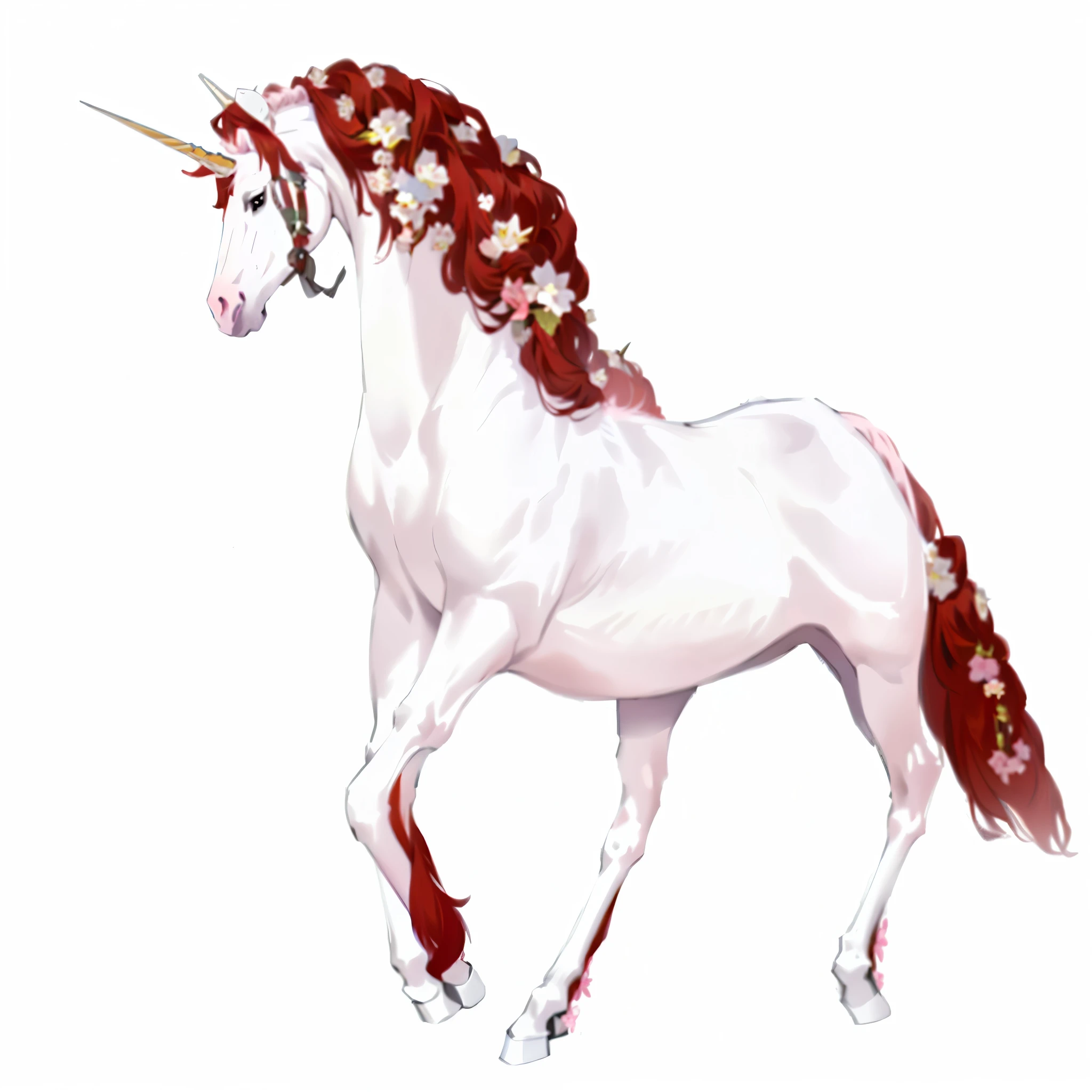 4k ultra HD pale pink unicorn, auburn red mane and tail, beautiful delicate flowers in mane and tail, golden hooves and horn, rearing up slightly