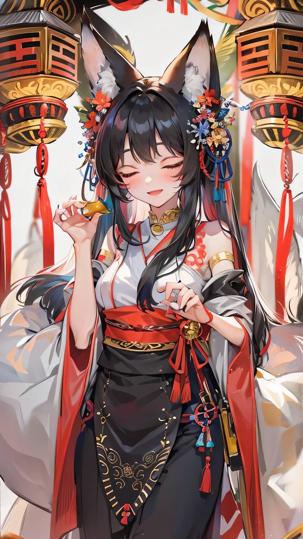 (fox paws hand) (fox paws put on hair) (solo blunt bangs black hair long hair with padcute girl, sexy closed eyes, sexy smile, head with fox paws, fox ear), (in a shrine maiden clothes), break, perfect anatomy, masterpiece, best quality, 16k, beautiful detailed grow, daydreaming expression
