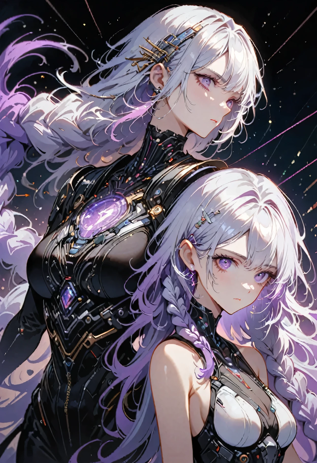 Complex 3D RendeRing ,Beautiful poRcelain contouRed mechanical female,man and woman back-to-back looking at the viewer,yinji , purple hair,purple eyes,very long hair,grey hair,double braid,gradient hair, cyboRg, integRated ciRcuit paRts, Rim light, VibRant details, LuxuRy CybeRpunk, Lace, hypeRPractical, Anatomy, cable wiRes, micRochip, elegant, beautiful StaRRy Sky backgRound, octane RendeRing, H. R. FixtuRe style, 8K, best quality, masteRpiece, illustRation, extRemely delicate and beautiful, VeRy detailed ,CG ,Unite ,wallpapeR, (Practical, photo-Practical:1.37),Astonishing, Fine details, SilveR ead