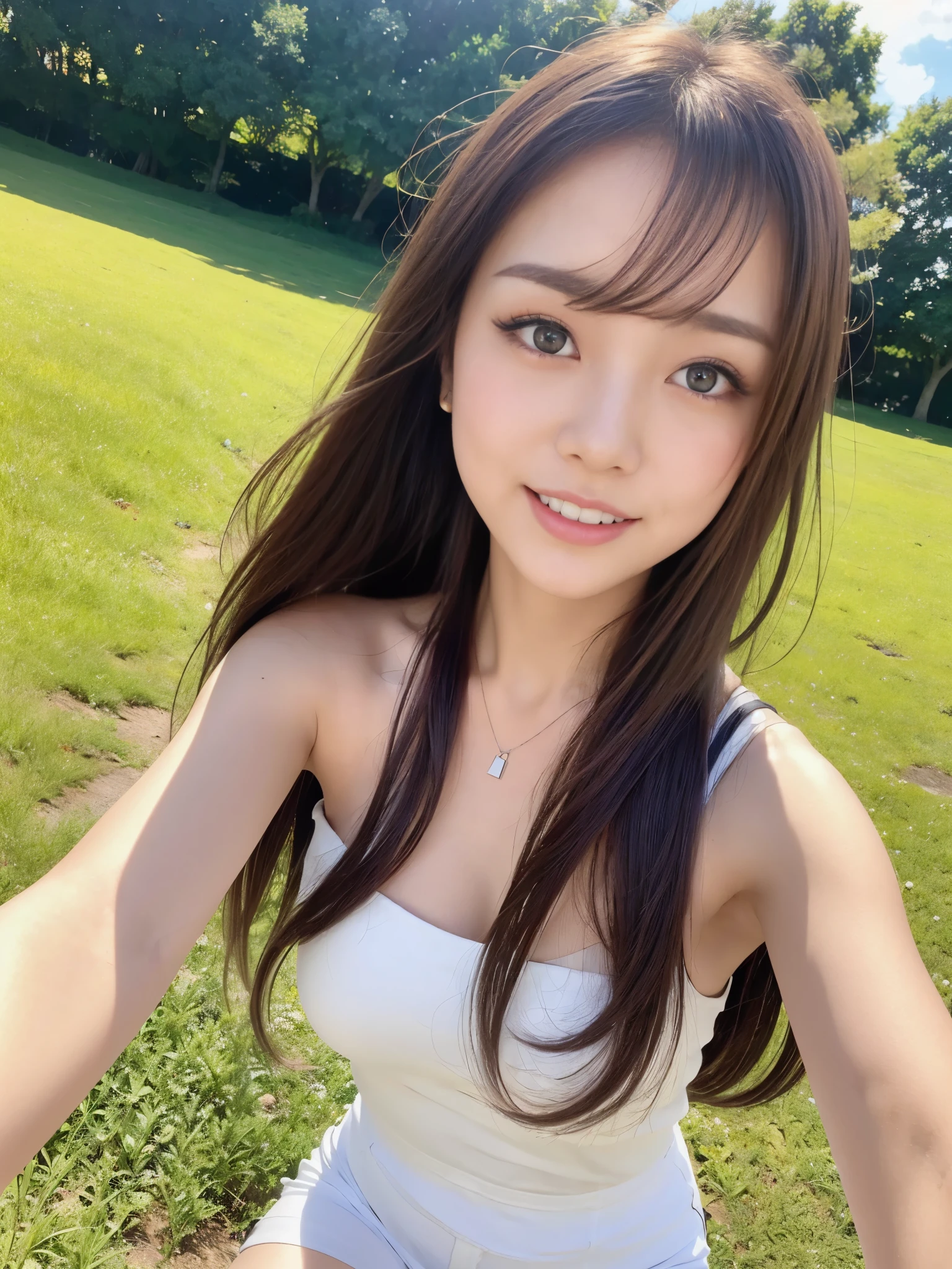 A beautiful Japanese shy girl, Age 18 years, Brown long hair, Big brown eyes, Shiny lips, shiny hair, Ecstatic expression, Wearing a sleeveless off-shoulder white dress, Short jeans, Wearing black pantyhose, In park landscape, dark blue sky, The background is very blurry, light shines in, Wear a necklace,