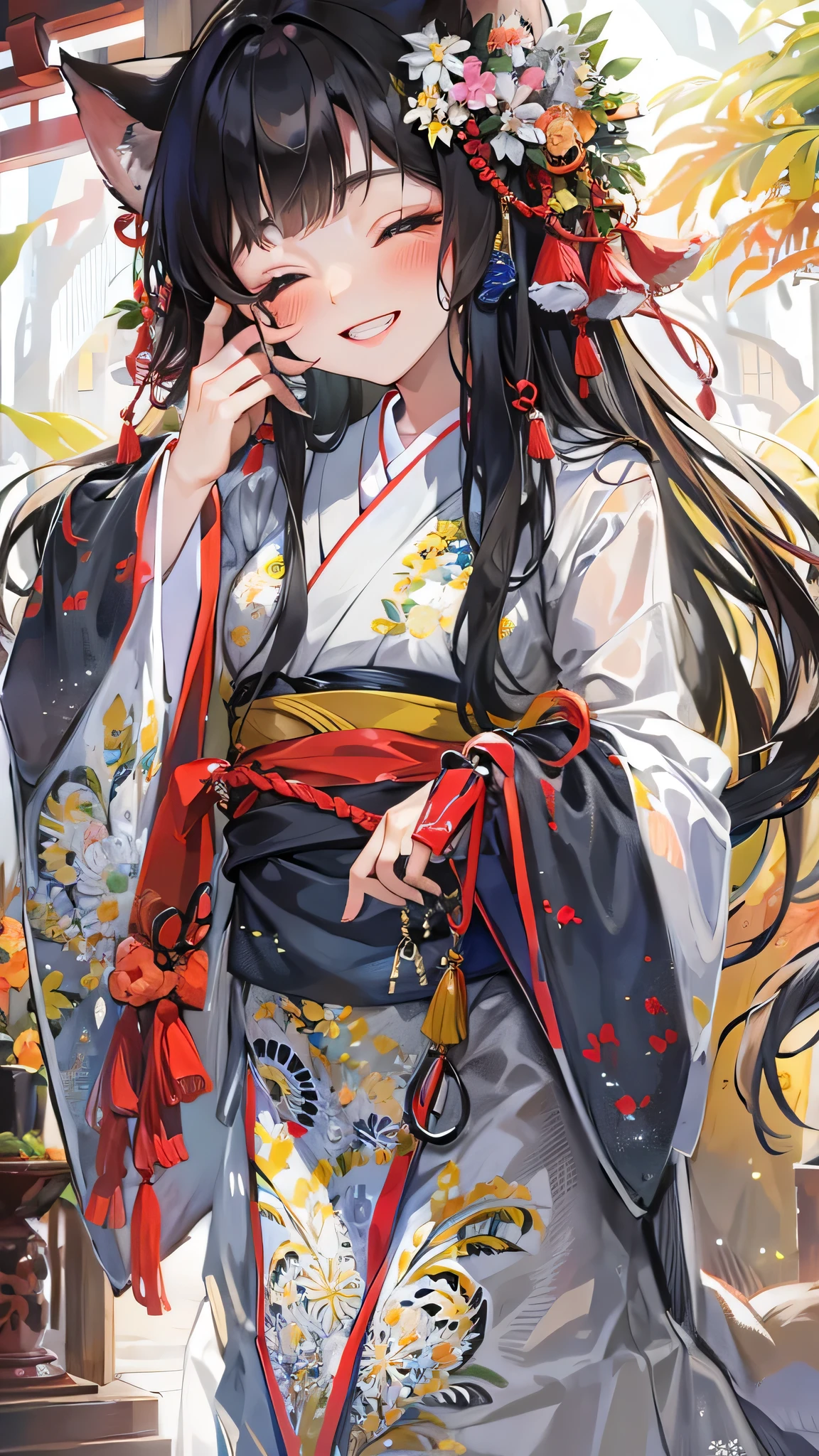 (fox paws hand) (fox paws put on hair) (solo blunt bangs black hair long hair with padcute girl, sexy closed eyes, sexy smile, head with fox paws, fox ear), (in a shrine maiden clothes), break, perfect anatomy, masterpiece, best quality, 16k, beautiful detailed grow, daydreaming expression