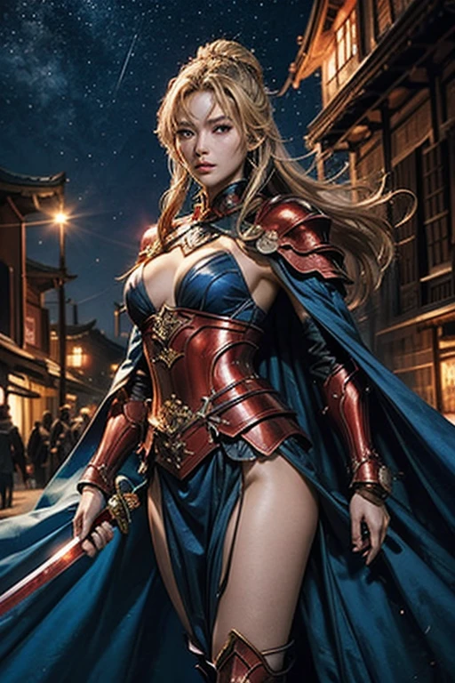 青いマントとMetallic red armorを着た女性武将、Sengoku Warlords、Yang Duanhe、battlefield、In combat、Blonde updo、Three red dots on the forehead、((Holds two long swords))、Two sheaths on the waist、Confident face、Looking from above、very beautiful、A beautiful woman、(Long blue cloak、Metallic red armor)、Highly detailed costume、8K,highest quality, masterpiece、Ultra-high resolution、Portrait, Official Art、1 girl、Beautiful woman with perfect body、Full body image, Glowing Skin、(Glossy lips、Highly detailed face and skin texture、Detailed Eyes、double eyelid)、Sharp long legs、Ancient Chinese city wall in the background、night、Starry Sky、full moon