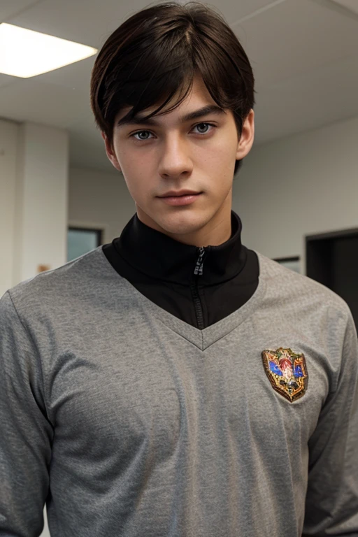 Russian man, 17 years old, handsome. black hair brown eyes Triangular face Put on student formula uniform
