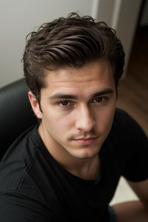 ((1 guy)) (white guy) wearing a black shirt, manly (sitting on a chair in a formal way, with his body forward and looking at the camera as if he were participating in an online meeting), very detailed, 18 years old old, natural wave hair, brown eyes, ((short facial hair)), high resolution, Artwork, best quality, intricate details, highly detailed, sharp focus, detailed skin, realistic skin texture, texture, detailed eyes, Professional, 4k, Shot on Cn, 85mm, Shallow Depth of Field, Kodak Vision Color, Perfectly Shaped Body, Extremely Detailed, Photo_\(Ultra\), Photorealistic, Realistic, Post Processing, Maximum Detail, Roughness, Real Life , ultra realistic, photorealism, photography, 8k HD, photography (film grain) ((medium shot atmospheric dark lighting))