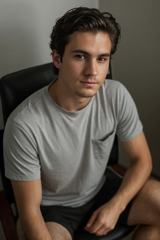 ((1 guy)) (white guy) wearing a black shirt, manly (sitting on a chair in a formal way, with his body forward and looking at the camera as if he were participating in an online meeting), very detailed, 18 years old old, natural wave hair, brown eyes, ((short facial hair)), high resolution, Artwork, best quality, intricate details, highly detailed, sharp focus, detailed skin, realistic skin texture, texture, detailed eyes, Professional, 4k, Shot on Canon, 85mm, Shallow Depth of Field, Kodak Vision Color, Perfectly Shaped Body, Extremely Detailed, Photo_\(Ultra\), Photorealistic, Realistic, Post Processing, Maximum Detail, Roughness, Real Life , ultra realistic, photorealism, photography, 8k HD, photography (film grain) ((medium shot atmospheric dark lighting))