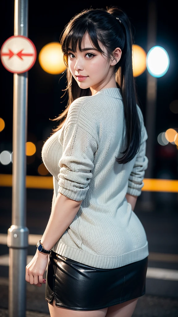 Beautiful sensual and erotic woman with a curvy body, long full black hair, bangs, twintail, widest waist, thicc, beautiful fitting breasts, curvy accentuated booty, detailed sparkling olive green eyes, long eyelashes, light smile, thick thighs, Strong calves, taniaayusiregar, It is night, it is raining, busy street in tokyo, people are not recognizable, she stands in front of a Bus stop, She wears a shiny skirt with an open cardigan, having fun, cardigan is black, skirt is dark blue, photorealistic, Masterpiece, bokeh, Volumetric lighting, low light, sensual atmosphere, close up shot