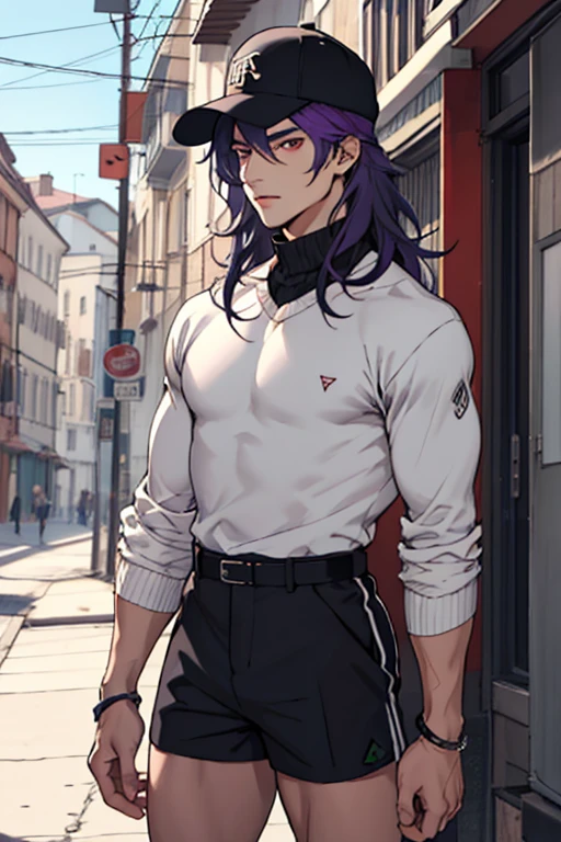 Hombre joven, cabello morado, ojos rojos, Cabello corto, gorra negra, camisa blanca, black waist sweater, Shorts morados
