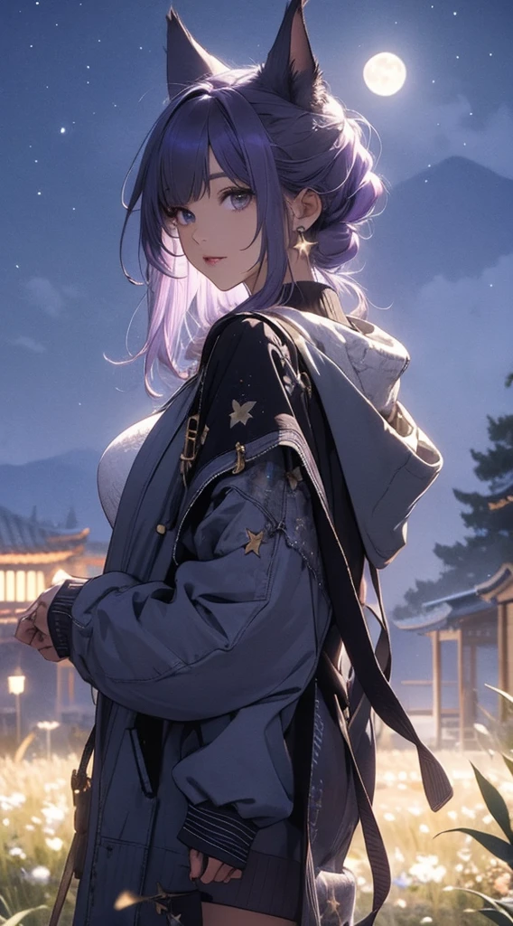 masterpiece, high quality, 4K, Beautiful design, silhouette,Light purple hair,ponytail, 非常に詳細な夜のStarry Sky,Flower Field, wonderful, Finer details, Very knowledgeable woman, Highly detailed solo, 1 female,Cat ear,Big Breasts,Hooded parka,Night view,Starry Sky,full moon,