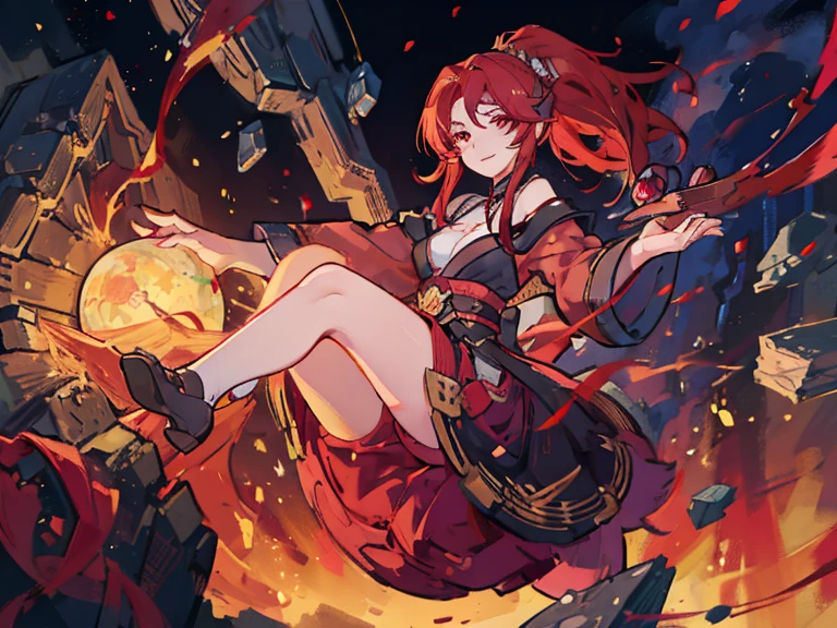 A young woman, fairy, beautiful, smiling, a mole at the corner of the left eye, long, deep red hair tied in a ponytail, red eyes, wearing a burgundy evening gown with a rose pattern, holding a crystal ball, full body shot, wise and mature, mysterious, with the ability of foresight, fairy tale style, white background, personal, illustration, Toei Animation, Japanese animation