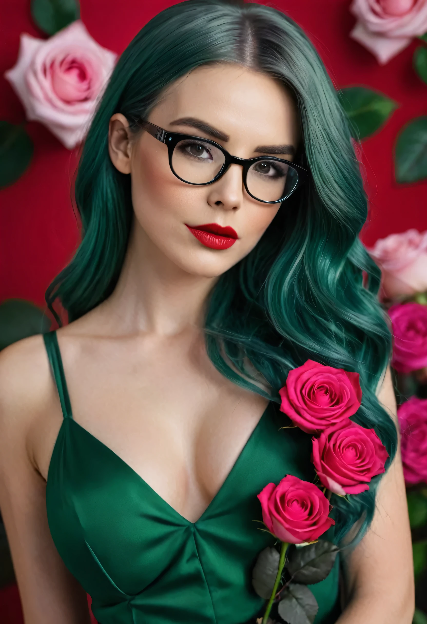 high quality, super detailed, photoshoot, a gloomy woman with glasses a long red dress, erotic style, green wave hair, cover flowers pink rose, background dark grey