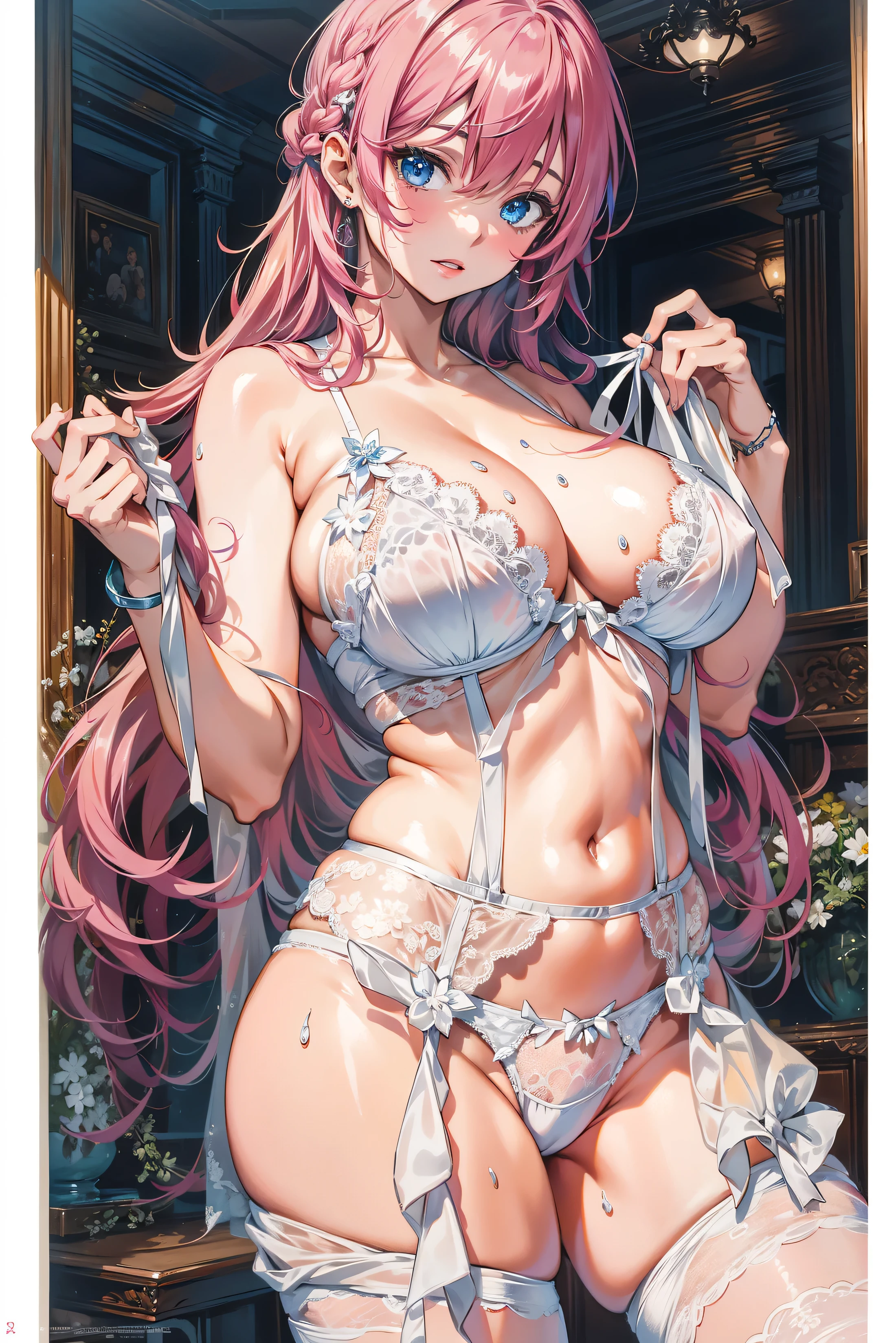 absurd, 8K, High Resolution, Ultra Detailed, Beautiful, Masterpiece, Best Quality, Very Pretty Woman, Young, Very Pretty Woman, Sexy, Sexy, Detailed Female Face, Very Attractive, (white lingerie:1.4), (very large breasts:1.4), saggy tits, blue eyes, navia, long hair, very long hair, blonde hair, RebeccaOP, Pink hair, twin braids,