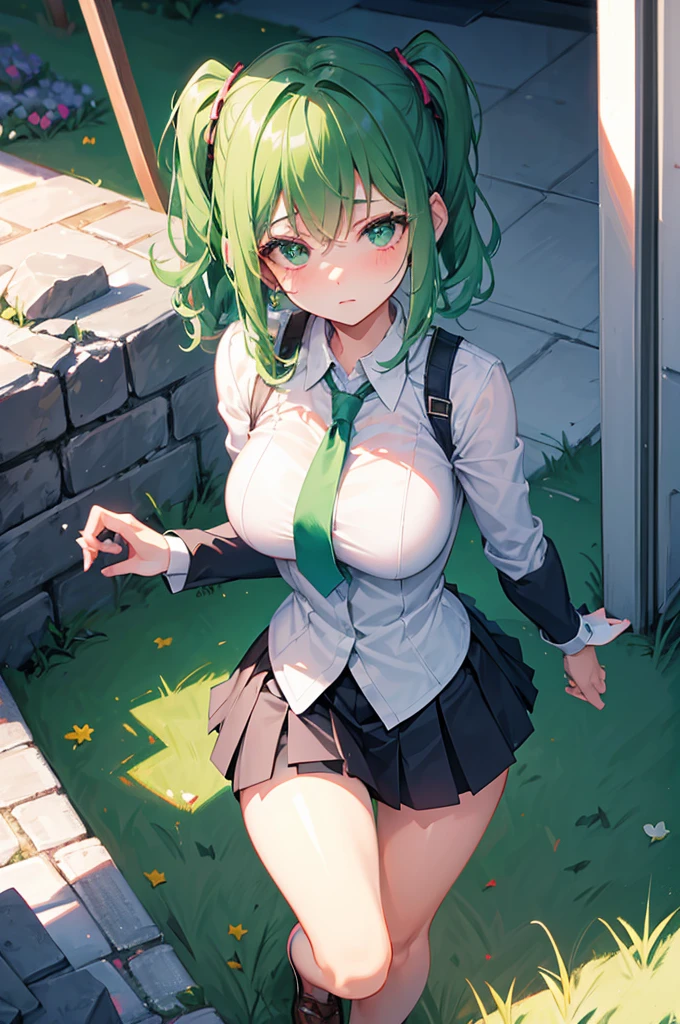 1 girl, Generate an image depicting Izuku Midoriya transformed into a female version. medium sized , breastcute, hot, Ensure that her beautiful green eyes and short green hair are prominently featured. Focus on her feminine body, emphasizing her great curves and overall physique. She should be wearing Izuku Midoriya's female UA High , which consists of a fitted grey blazer with green trim, tailored to perfection to hug her frame gracefully while allowing freedom of m. Beneath the blazer, a pristine white blouse adds a touch of purity, with a crisp collar framing her face. Around her neck, a meticulously tied green and black striped necktie reflects her attention to detail and determination. The pleated green skirt falls just above the knee, swaying gently with each step, its vibrant hue mirroring the lush greenery of the hero academy grounds. Completing the ensemble are knee-high socks, snugly hugging her calves for warmth and support, paired with sleek black loafers offering both style and functionality. A green ribbon is woven into her hair, a splash of color amidst the darkness, with her hair styled in a short bob with soft waves. This image should capture Izuku Midoriya's feminine yet powerful presence, ready to take on any challenge as she trains to become the hero she is destined to be. Ensure the image is of high quality, preferably 8k resolution, with highly detailed and beautiful rendering.