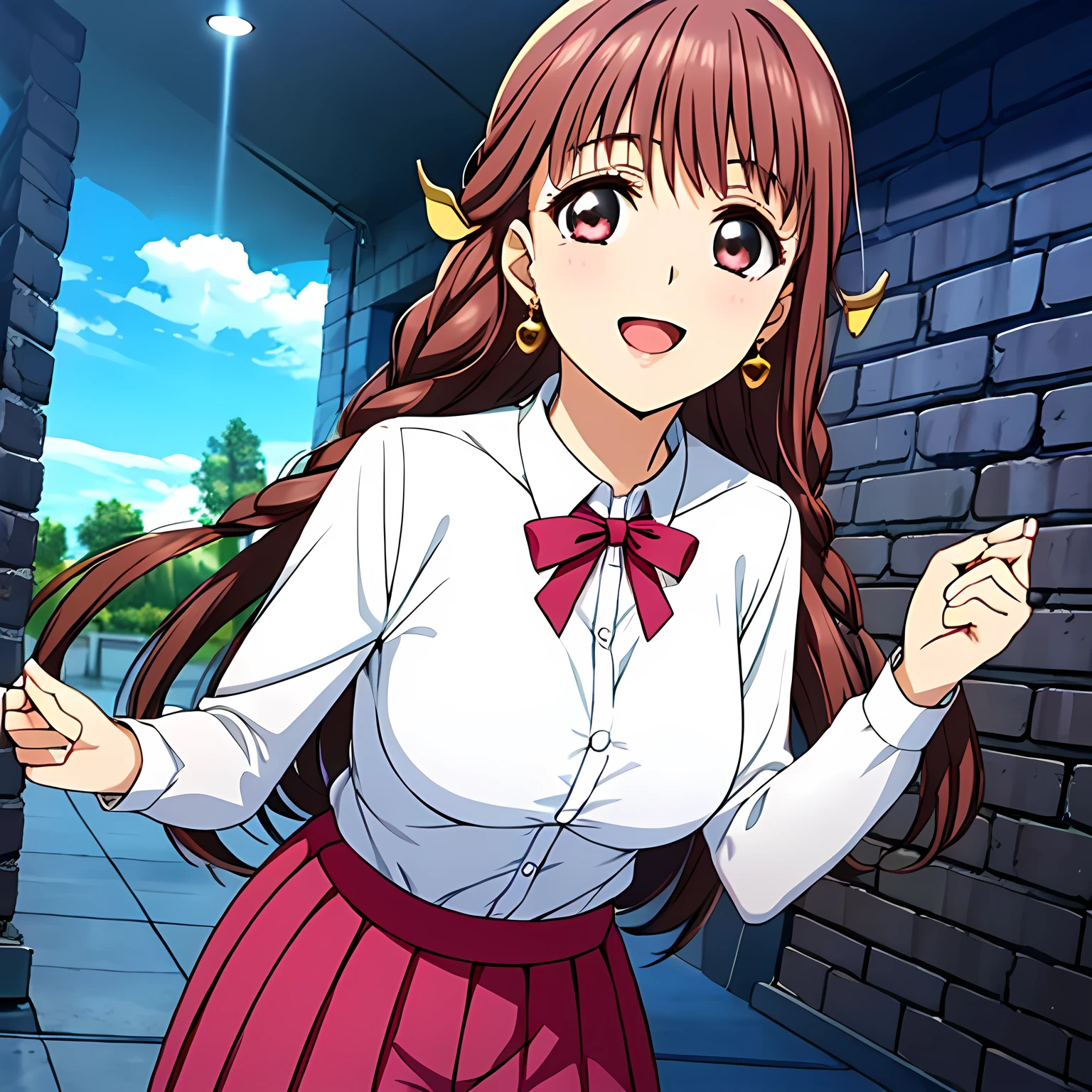 highest quality, (masterpiece:1.2), Very detailed, (((Game CG))), ((((A beautiful succubus in the form of a very noble and elegant young lady.１A person wearing a pink school sailor uniform、Cast a powerful spell of seduction)))), ((The girl everyone loves)), (((Beautiful flaxen, wavy, long, very shiny hair))), ((((Pink, neat sailor suit)))), ((((Pink neat blouse)))), ((((A neat, deep pink long pleated skirt)))), ((Her eyes are so beautiful and sparkling, they seem so dazzling.)), ((A huge ribbon bowtie that covers the entire chest)), ((A refined and elegant look like a noble princess)), (((Beautiful and great smile))), ((The viewers feel a different level of happiness.)), ((Very noble and elegant face)), ((Slender and shapely breasts)), ((laughing at me)), Heart-shaped gold hair ornament and earrings, ((The elegant, slightly open mouth and glossy lips of an anime heroine)), ((A magical space at the bottom of a dark, deep dungeon))