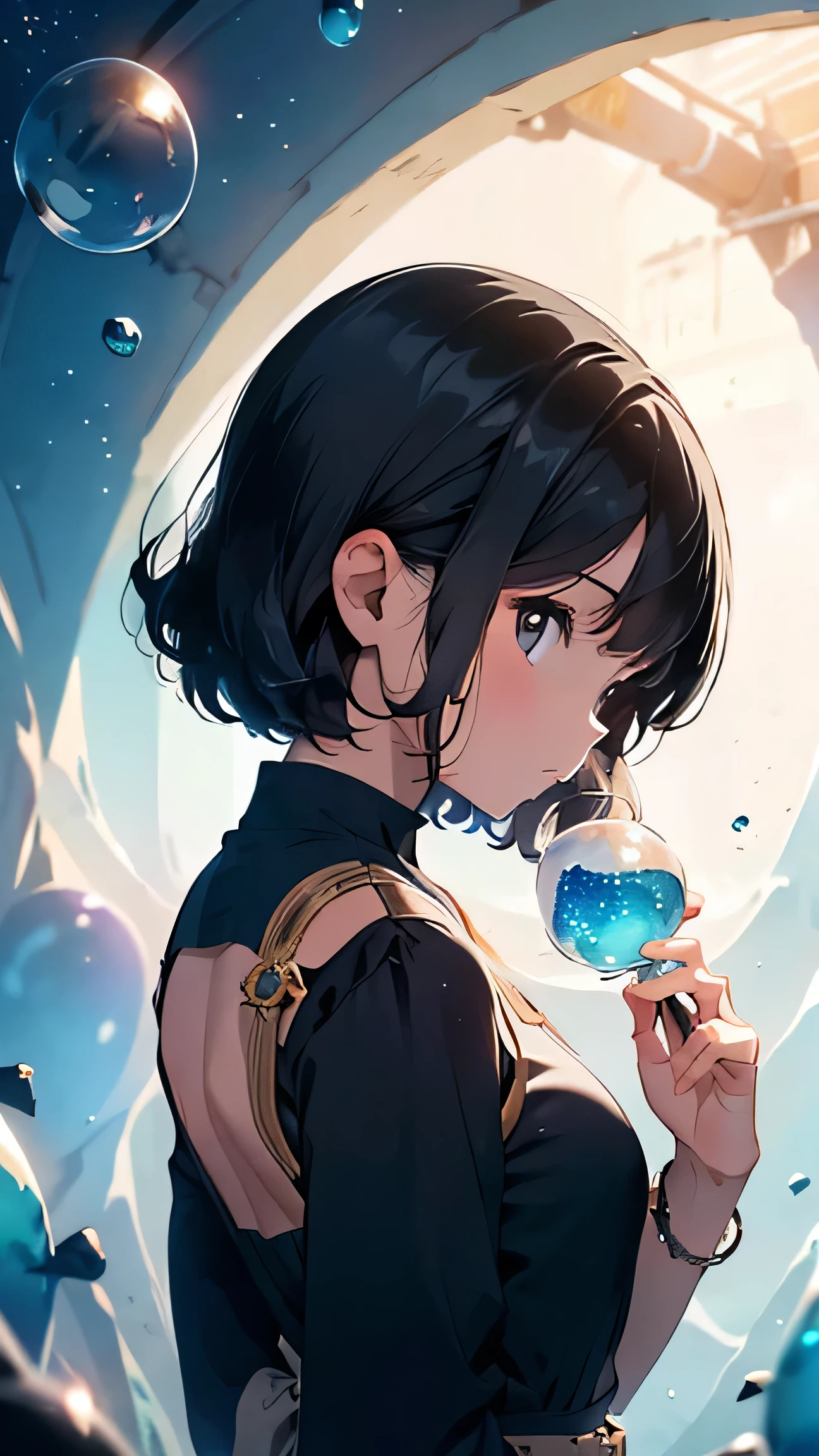 Girl with short black hair，Back view, Lots of colorful bubbles，Lots of sparkling, A small universe inside a bubble, Crystals in the bubbles,plant，blue，Spend time at the beach，masterpiece，4K