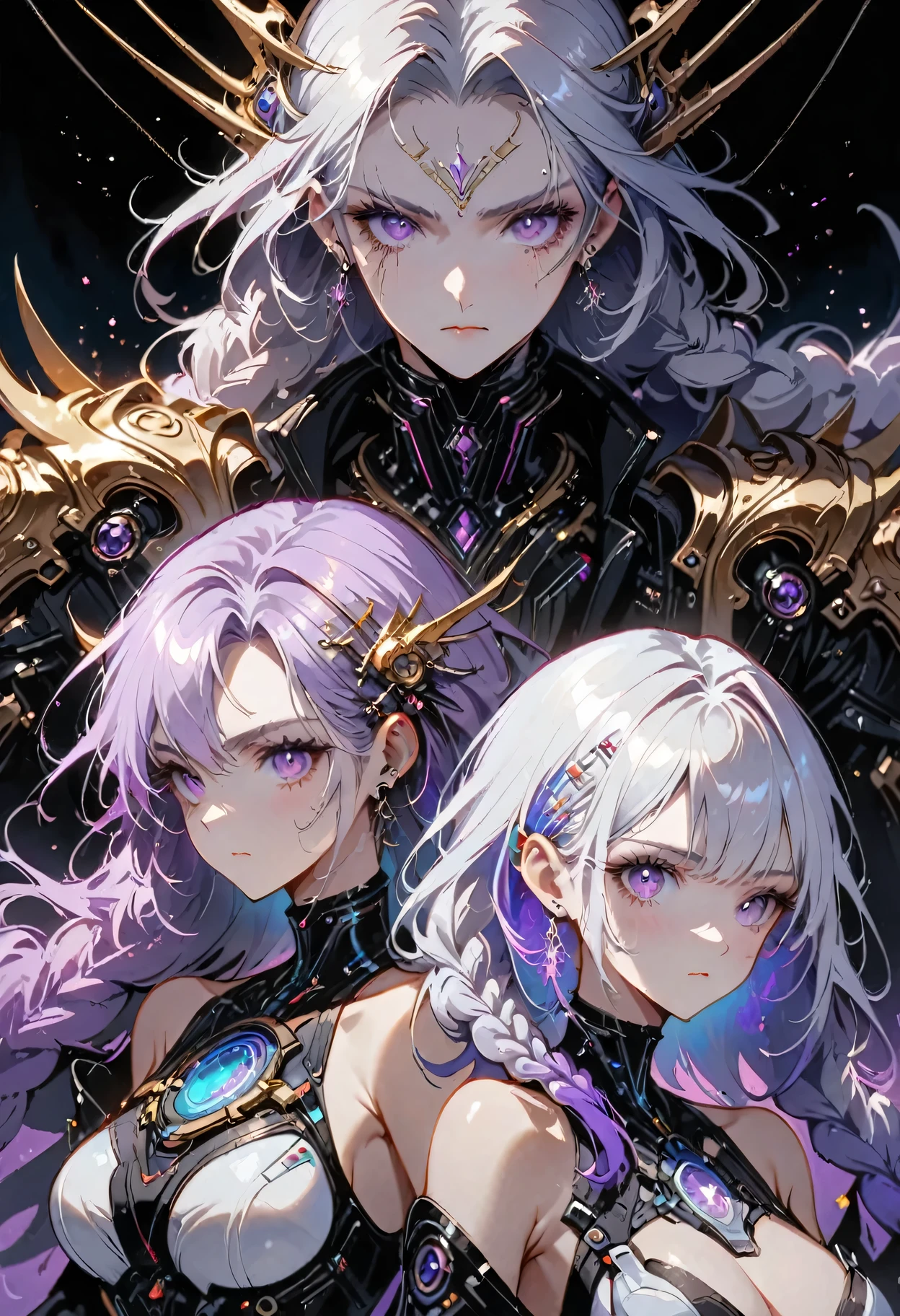 Complex 3D RendeRing ,Beautiful poRcelain contouRed mechanical female,man and woman back-to-back looking at the viewer,yinji , purple hair,purple eyes,very long hair,grey hair,double braid,gradient hair, cyboRg, Pointing at the camera, integRated ciRcuit paRts, Rim light, VibRant details, LuxuRy CybeRpunk, Lace, hypeRPractical, Anatomy, cable wiRes, micRochip, elegant, beautiful StaRRy Sky backgRound, octane RendeRing, H. R. FixtuRe style, 8K, best quality, masteRpiece, illustRation, extRemely delicate and beautiful, VeRy detailed ,CG ,Unite ,wallpapeR, (Practical, photo-Practical:1.37),Astonishing, Fine details, SilveR ead