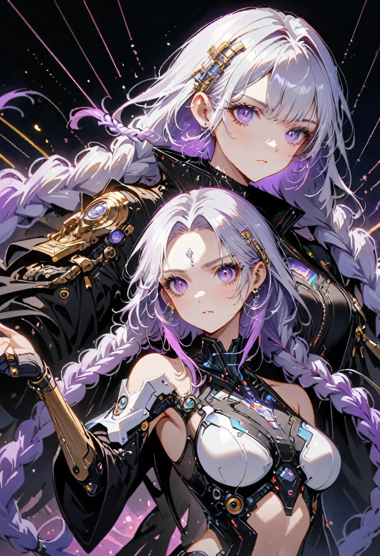  Complex 3D RendeRing ,Beautiful poRcelain contouRed mechanical female,man and woman back-to-back looking at the viewer,yinji , purple hair,purple eyes,very long hair,grey hair,double braid,gradient hair, cyboRg, Pointing at the camera, integRated ciRcuit paRts, Rim light, VibRant details, LuxuRy CybeRpunk, Lace, hypeRPractical, ???????, cable wiRes, micRochip, elegant, beautiful StaRRy Sky backgRound, octane RendeRing, H. R. FixtuRe style, 8K, best quality, masteRpiece, illustRation, extRemely delicate and beautiful, VeRy detailed ,CG ,Unite ,wallpapeR, (Practical, photo-Practical:1.37),Astonishing, Fine details, SilveR ead