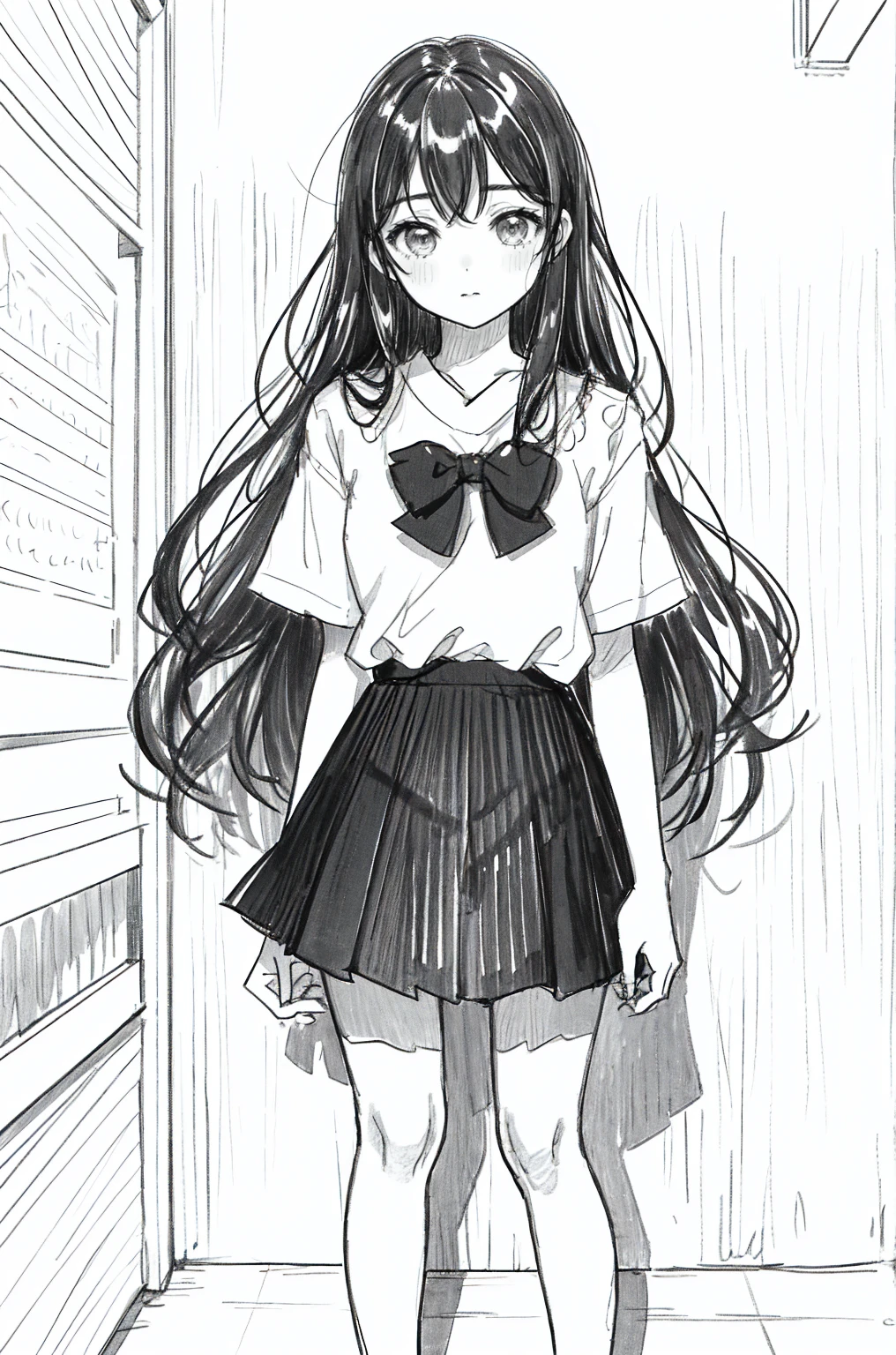 One Girl,Line art,Monochrome,sketch,Pencil drawing,Traditional Media,One Girl, 黒いskirtフェンス, Long Hair Shirt, Short sleeve, skirt, alone、Cute Teenage Girls, ,Beautiful portrait、Delicate body、Line art,Monochrome,sketch,Pencil drawing,Traditional Media,One Girl, black skirt fence, Long Hair Shirt, Short sleeves, skirt, alone、Are standing, (Cute Teenage Girl, alone),Beautiful portrait、Delicate body、Full Body Lesbian、Respect、