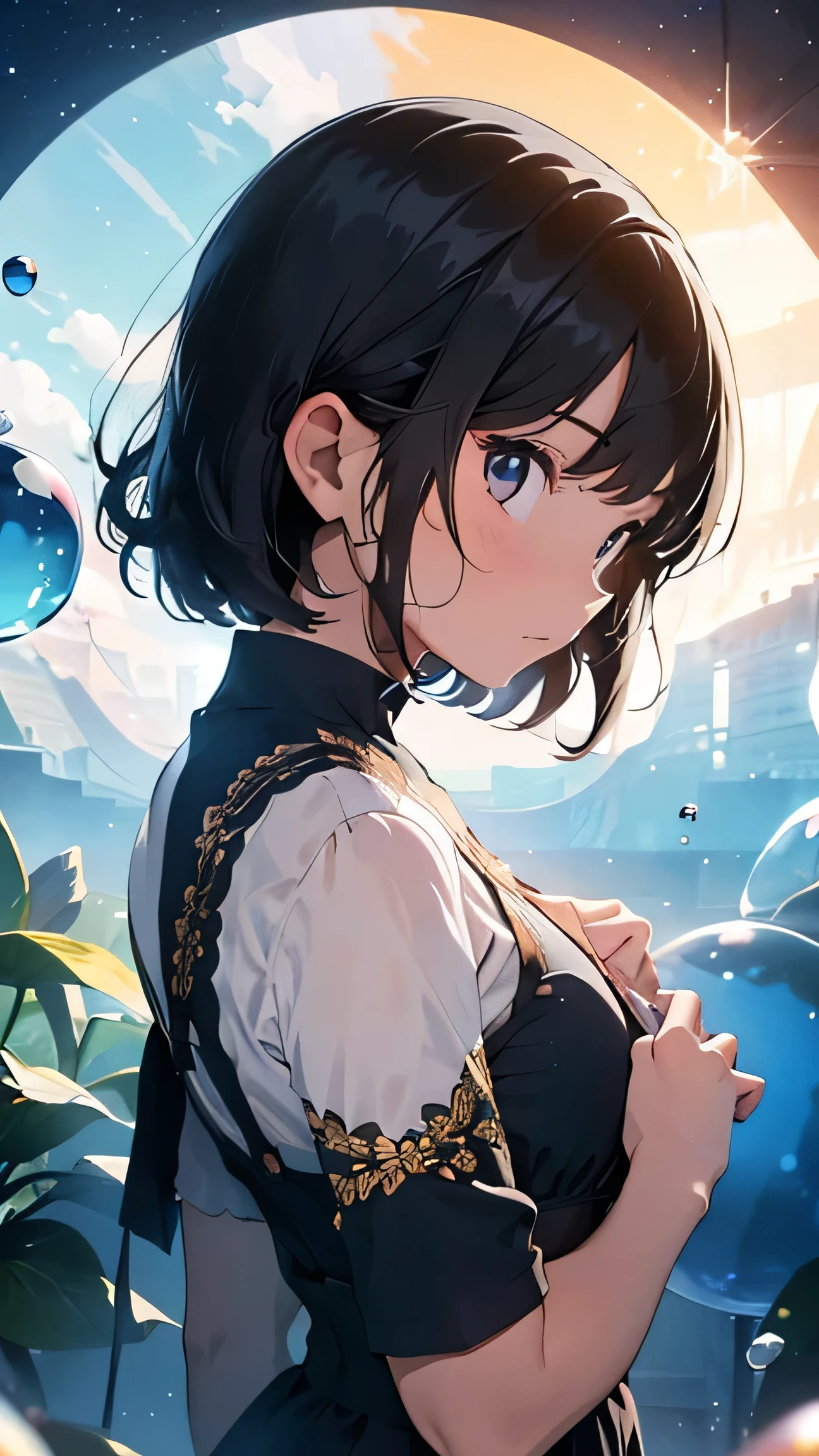 Girl with short black hair,Back view, Lots of colorful bubbles,Lots of sparkling, A small universe inside a bubble, Crystals in the bubbles,plant,blue,Spend time at the beach,masterpiece,4K