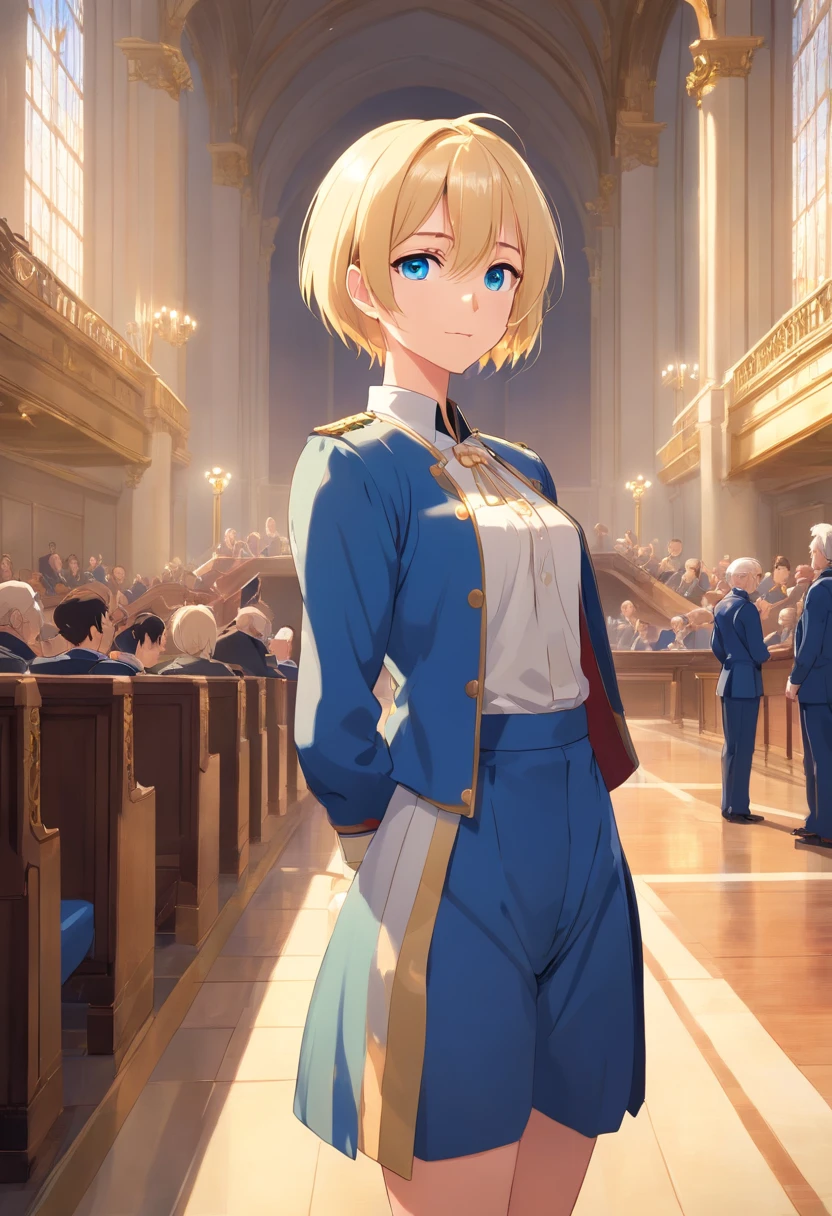 17 years old Women, ((Blonde)), ((Blue eyes)), ((Short hair)), ((Full shot)), dressed like a man at the court of Louis XVI
