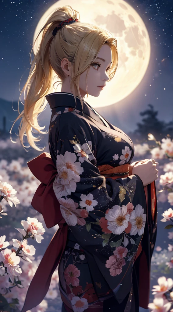 masterpiece, high quality, 4K, Beautiful design, silhouette,blonde,ponytail, 非常に詳細な夜のStarry Sky,Flower Field, wonderful, Finer details, Very knowledgeable woman, Highly detailed solo, 1 female,Beautiful Eyes,I like rumors,Big Breasts,red kimono,Night view,Starry Sky,full moon,