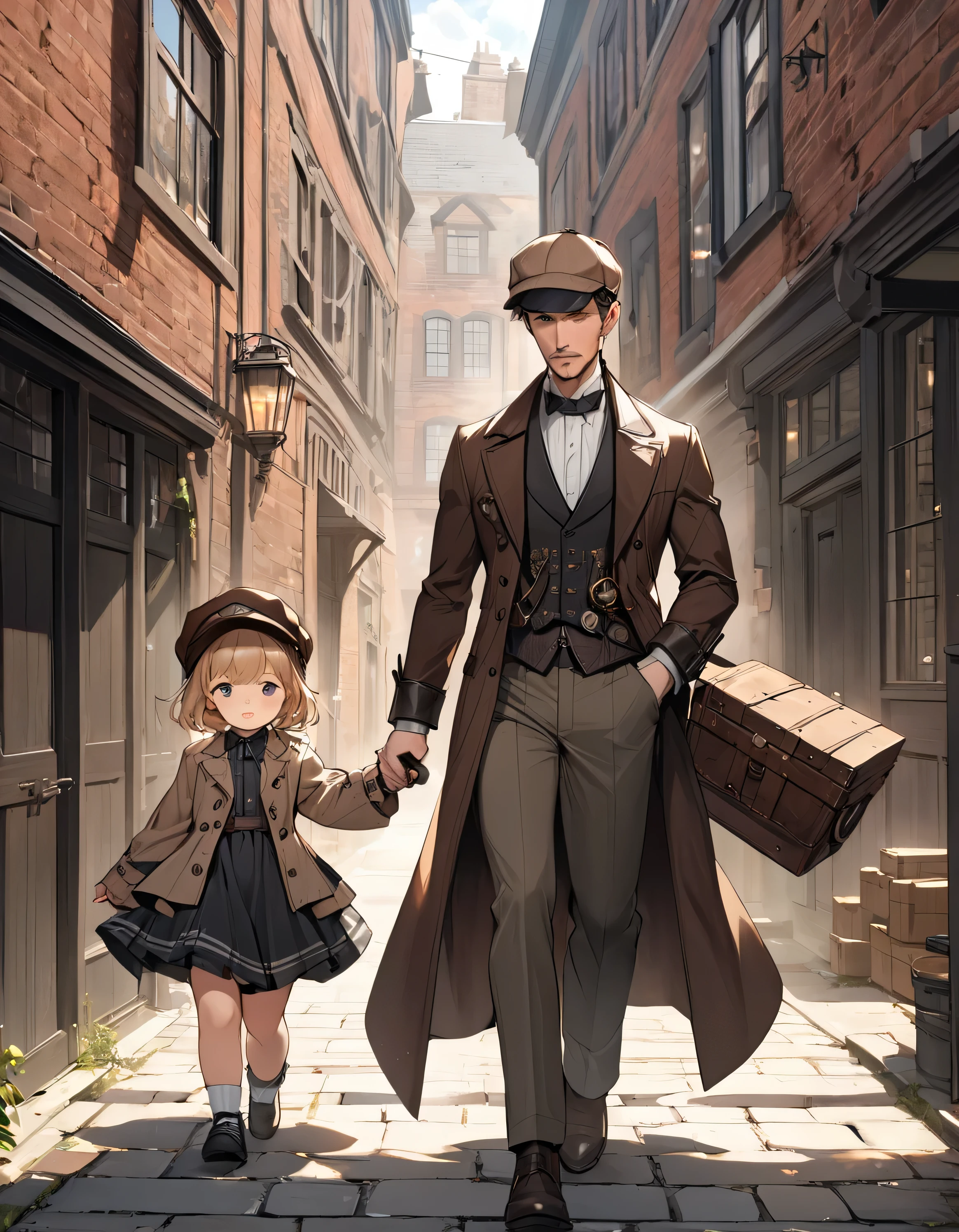 high quality,(High resolution:1.2),Incredible illustrations, (arknights) 1girl(Inverness Court,High Waist Skirt,Deerstalker hat(toddler body))1boy(Frock coat,slacks,Deerstalker hat)(see through))Holmes and Watson walking through the Red Brick Warehouses(Steampunk)