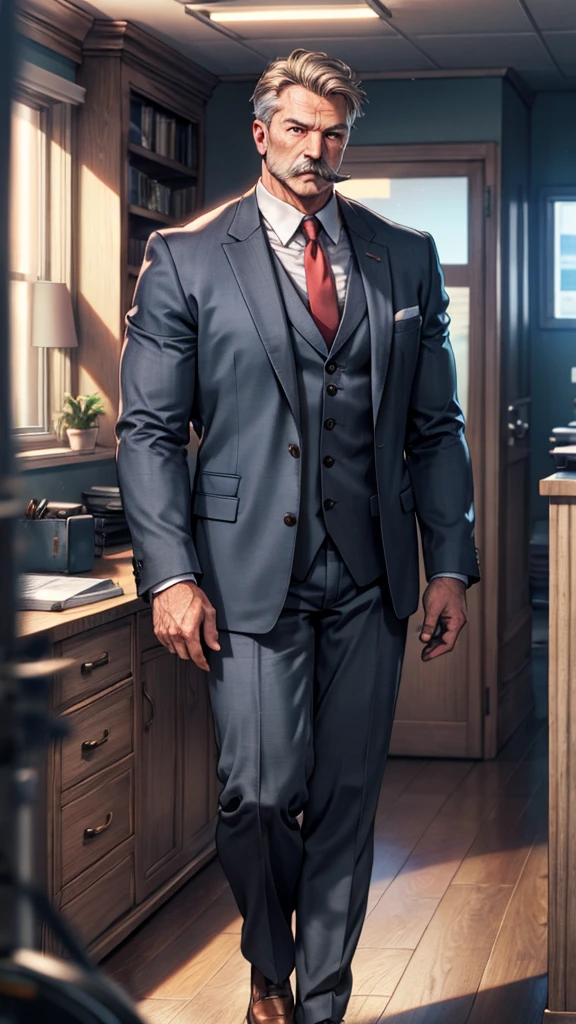 detailed man with mustache, wearing work suit, full body view, realistic, photorealistic, cinematic lighting, high quality, 8k, sharp focus, physically-based rendering, professional, vivid colors