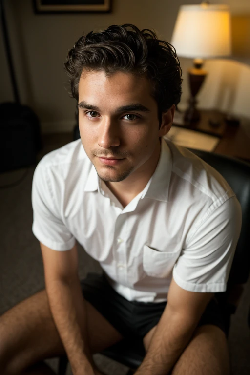 ((1 guy)) (white guy) wearing a black shirt, manly (sitting on a chair in a formal way, with his body forward and looking at the camera as if he were participating in an online meeting), very detailed, 18 years old old, natural wave hair, brown eyes, ((short facial hair)), high resolution, Artwork, best quality, intricate details, highly detailed, sharp focus, detailed skin, realistic skin texture, texture, detailed eyes, Professional, 4k, Shot on Canon, 85mm, Shallow Depth of Field, Kodak Vision Color, Perfectly Shaped Body, Extremely Detailed, Photo_\(Ultra\), Photorealistic, Realistic, Post Processing, Maximum Detail, Roughness, Real Life , ultra realistic, photorealism, photography, 8k HD, photography (film grain) ((medium shot atmospheric dark lighting))