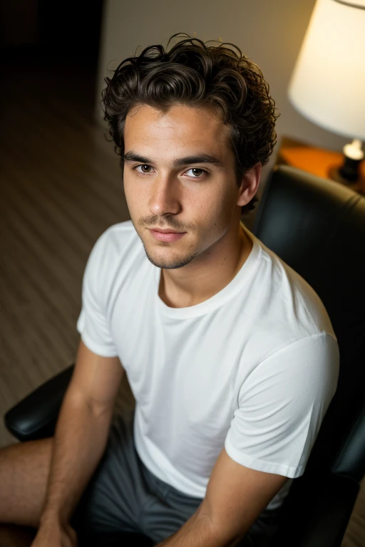 ((1 guy)) (white guy) wearing a black shirt, manly (sitting on a chair in a formal way, with his body forward and looking at the camera as if he were participating in an online meeting), very detailed, 18 years old old, natural wave hair, brown eyes, ((short facial hair)), high resolution, Artwork, best quality, intricate details, highly detailed, sharp focus, detailed skin, realistic skin texture, texture, detailed eyes, Professional, 4k, Shot on Canon, 85mm, Shallow Depth of Field, Kodak Vision Color, Perfectly Shaped Body, Extremely Detailed, Photo_\(Ultra\), Photorealistic, Realistic, Post Processing, Maximum Detail, Roughness, Real Life , ultra realistic, photorealism, photography, 8k HD, photography (film grain) ((medium shot atmospheric dark lighting))