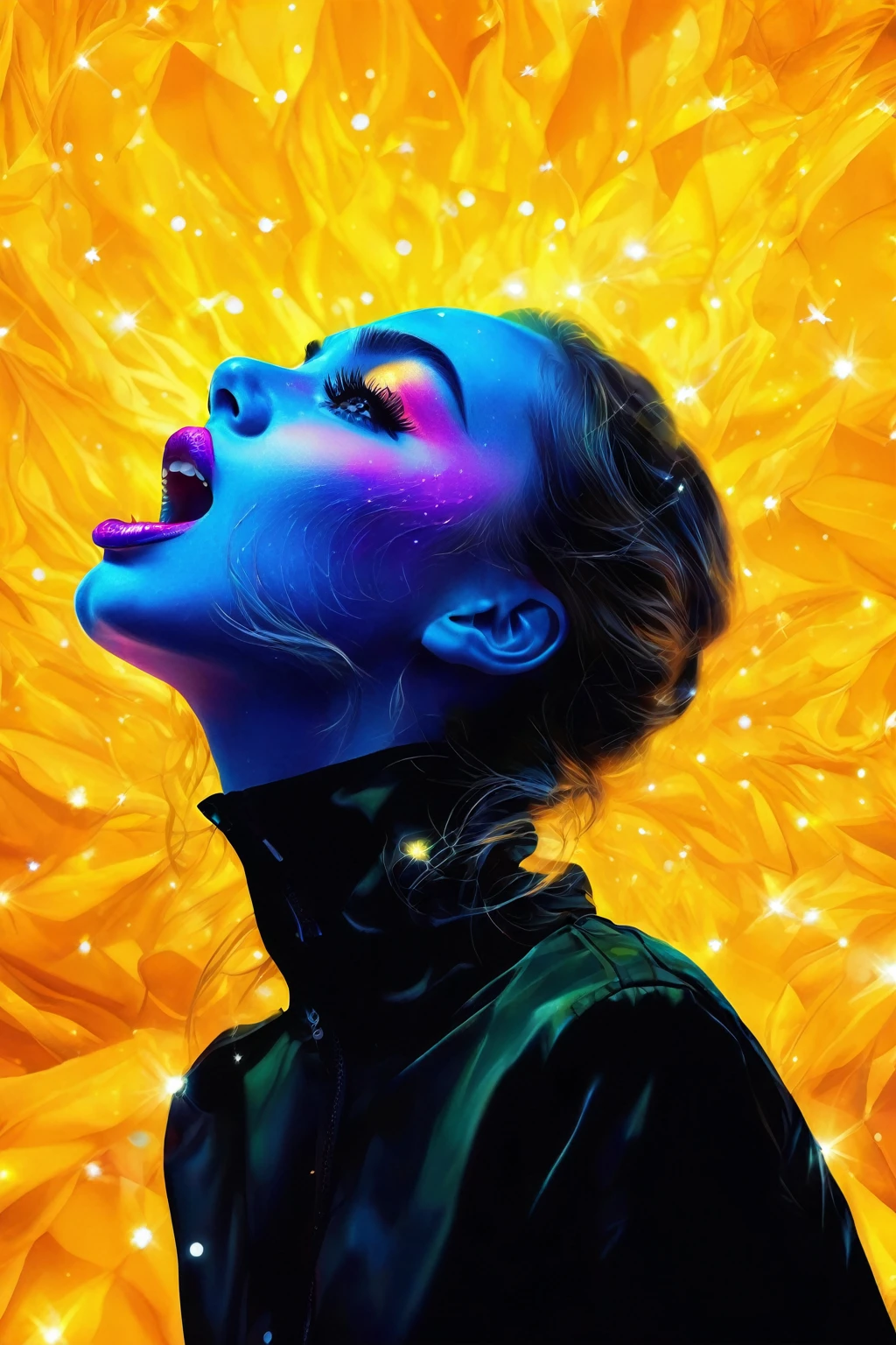 (best quality, highres, realistic:1.37), detailed portrait, girl in a garden, beautiful detailed eyes, beautiful detailed lips, long eyelashes, fashionable clothing, confident and elegant posture, unique catwalk style, starry night pattern on the jacket, vibrant colors, rich textures, soft and glowing lighting, runway atmosphere