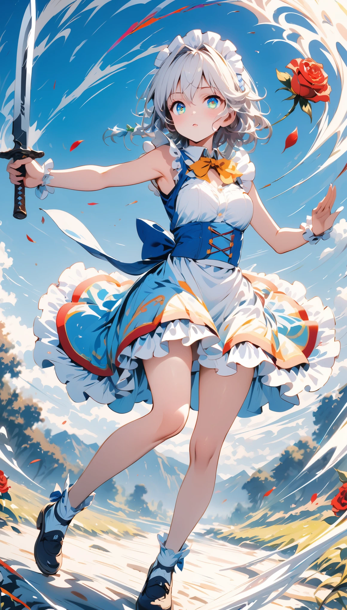 masterpiece, best quality, illustration, 1girl, solo, Izayoi Sakuya, (white short hair), maid headband, sharp eyes, (vivid color), light, thick smoke:1.6, (floating white ink:1.8), Cyan flame, (beautiful and clear background:1.25), (depth of field:0.7), Dreamlike, (highres:1.2), (ultra-detailed:1.2), (extremely detailed CG unity 8k wallpaper:1.2), (traditional media), (sketch:1.1), finely detailed beautiful eyes and detailed face, Knives, (flying petals:1.2), red roses, Knifefight, dynamic colors, colorful, dynamic pose, dynamic angle, (full body:1.3), Touhou, knife, holding Knives, izayoi sakuya, medium breasts, (detailed eyes), cute, beauty, HDR, 4K, nier anime style, harmony, fighting stance, izayoi sakuya