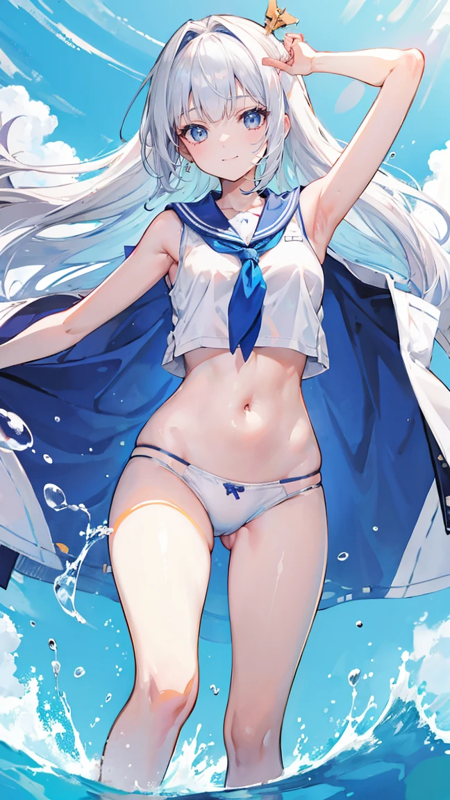 white hair,long hair,Bangs,Bangs整齐,Blue headband,Gray eyes,girl,Lovely,Smiling expression,Happy and happy expression,Sailor Suit Top,Briefs,Navel,Abdominal muscles,Vest line,Standing in the water,whole body,Don't show your arms,The background is the swimming pool