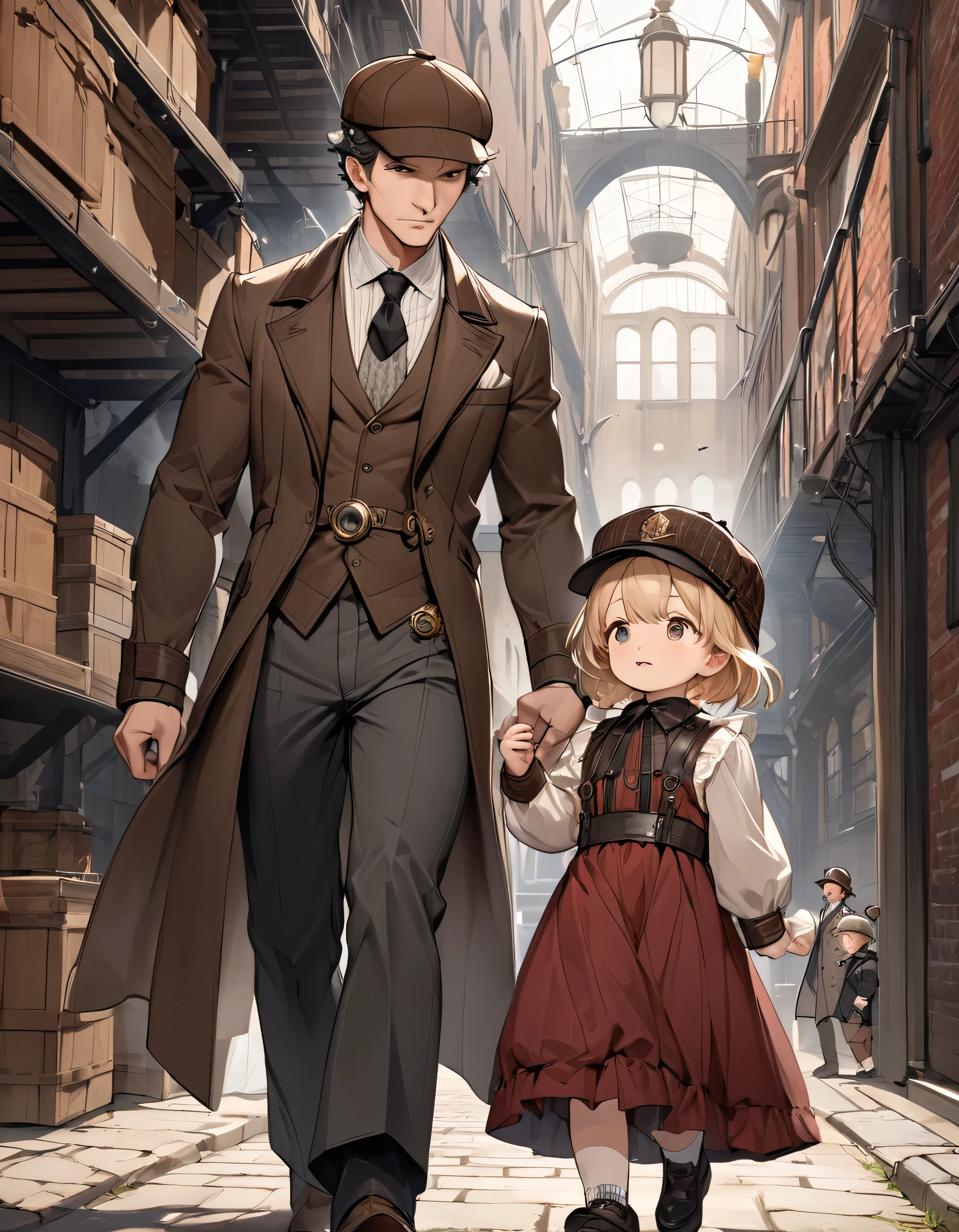 high quality,(High resolution:1.2),Incredible illustrations, (arknights)  1girl(Inverness Court,High Waist Skirt,Deerstalker hat(ddler body))1boy(Frock coat,slacks,Deerstalker hat)(see through))Holmes and Watson walking through the Red Brick Warehouses(Steampunk)