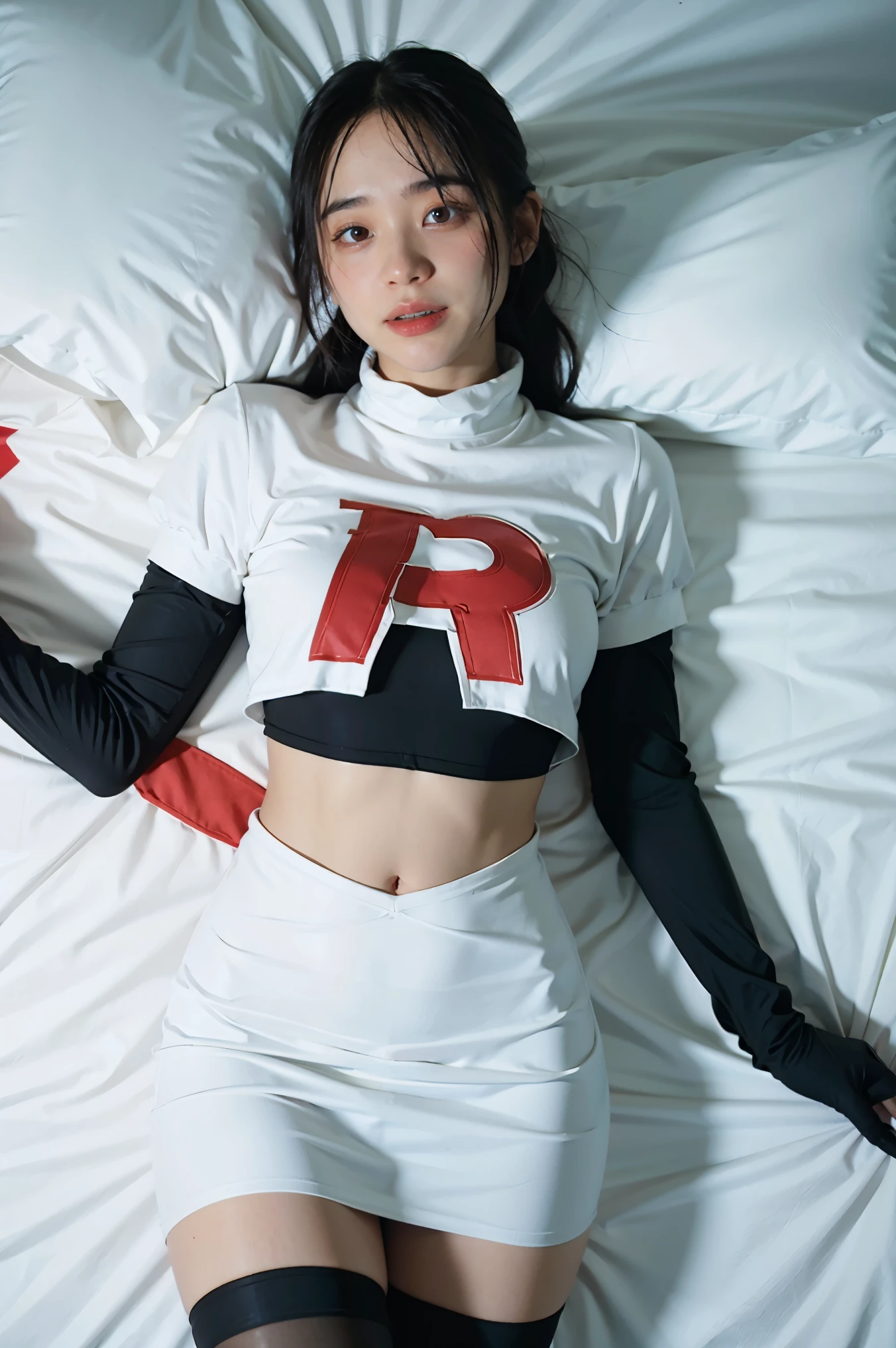 brandygordon, team rocket,team rocket uniform, red letter R, white skirt,white crop top,black thigh-highs, black elbow gloves,