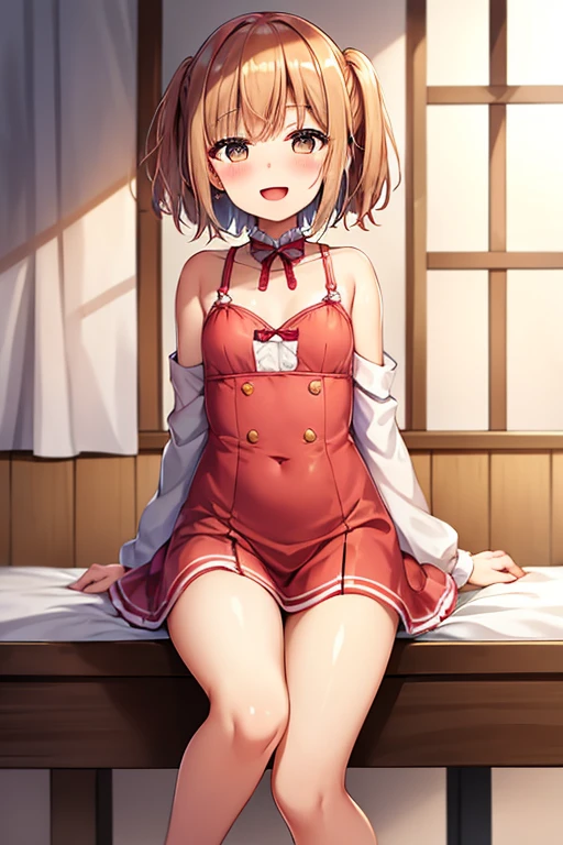 ((highest quality)), ((masterpiece)), (be familiar with), Perfect Face, indoor, Bedroom, Watching the audience,
One woman, Yuigahama Yui,
Open Mouth, Ecstatic expression, blush, smile,
Small breasts, Flat Chest, Young Girl, , , Girl,
Short Hair, Salmon-colored hair, Salmon-colored eyes, Side Pony,
Leg spread,