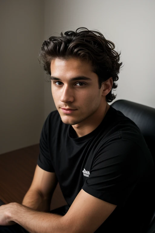 ((1 guy)) (white guy) wearing a black shirt, manly (sitting on a chair in a formal way, with his body forward and looking at the camera as if he were participating in an online meeting), very detailed, 18 years old old, natural wave hair, brown eyes, ((short facial hair)), high resolution, Artwork, best quality, intricate details, highly detailed, sharp focus, detailed skin, realistic skin texture, texture, detailed eyes, Professional, 4k, Shot on Canon, 85mm, Shallow Depth of Field, Kodak Vision Color, Perfectly Shaped Body, Extremely Detailed, Photo_\(Ultra\), Photorealistic, Realistic, Post Processing, Maximum Detail, Roughness, Real Life , ultra realistic, photorealism, photography, 8k HD, photography (film grain) ((medium shot atmospheric dark lighting))