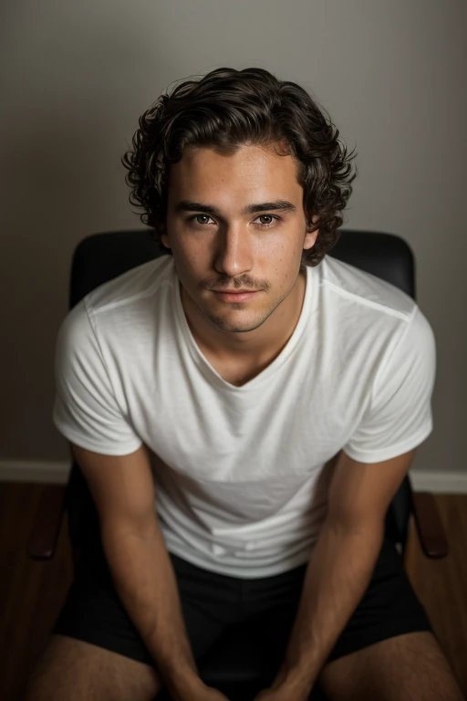 ((1 guy)) (white guy) wearing a black shirt, manly (sitting on a chair in a formal way, with his body forward and looking at the camera as if he were participating in an online meeting), very detailed, 18 years old old, natural wave hair, brown eyes, ((short facial hair)), high resolution, Artwork, best quality, intricate details, highly detailed, sharp focus, detailed skin, realistic skin texture, texture, detailed eyes, Professional, 4k, Shot on Canon, 85mm, Shallow Depth of Field, Kodak Vision Color, Perfectly Shaped Body, Extremely Detailed, Photo_\(Ultra\), Photorealistic, Realistic, Post Processing, Maximum Detail, Roughness, Real Life , ultra realistic, photorealism, photography, 8k HD, photography (film grain) ((medium shot atmospheric dark lighting))