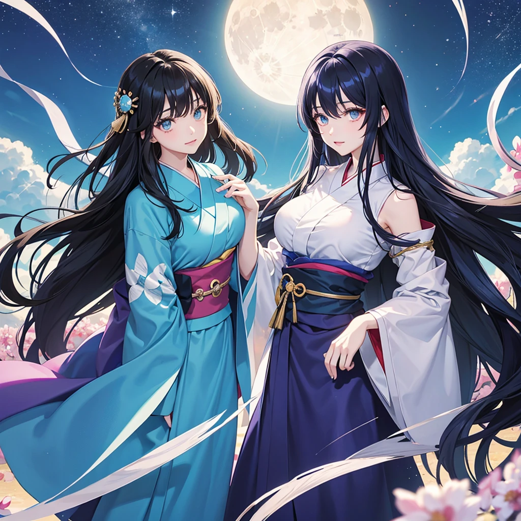 anime、Vibrant colors、Cool beauty、20-year-old、Black Hair、Long Hair、Straight Hair、The bangs are cut above the eyebrows、Narrow eyes、Slanted Eyes、Bright eyes、Sparkling eyes、Large Breasts、Night Sky、full moon、sky blue kimono