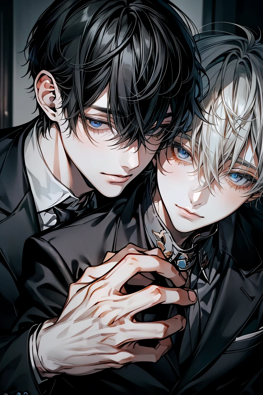 (Mastepiece), (Best Quality), Very detailed, ((Two men intimate:1.5)), Perfect Face, Beautiful Face, Very detailedな顔,(Black-haired man:1.3),(Grey-haired man:1.3)、suit