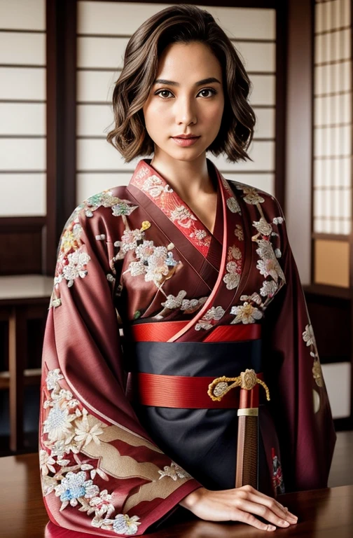 A woman was sitting at the table,Gal Gadot, Perfect Eyes, Beautiful Face,Light brown hair, Short fine hair, Bobohead, Side part hair,Background of Details,break ,Beautiful costumes(High-end kimono(red kimono(Detailed embroidery)),Handgun in one hand,Japanese sword in one hand